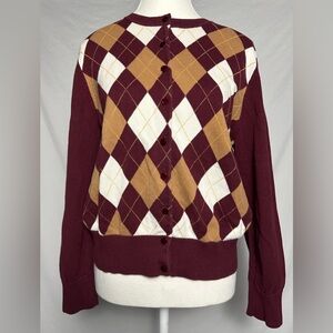 TRADITION 100% Cotton Burgundy Argyle Preppy Button Up Cardigan Size L